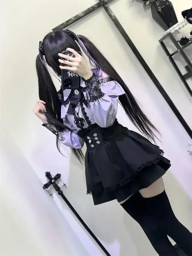 Lapel Neck Off Shoulder Long Sleeve Shirts Women Y2k High Waist Ruched Lace Skirts Early Autumn Two Piece Sets 250214