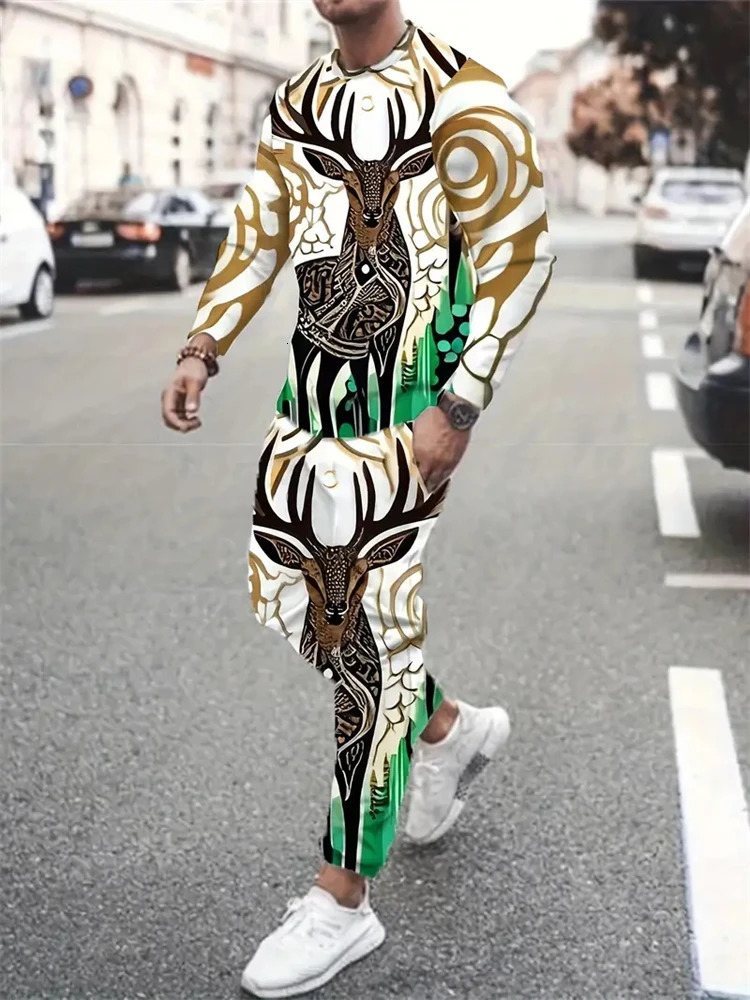 Autumn sports shirt mens long sleeved T-shirt set mens street camouflage retro plus size sweater two-piece set 250214