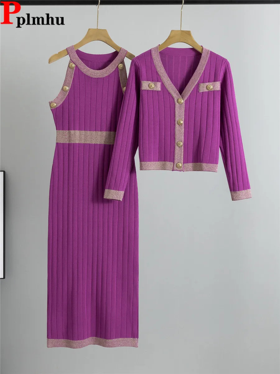 Elegant ultra-thin knitted 2-piece set for womens O-neck sleeveless knitted dress Conjuntos Korean long sleeved short cardigan top set 250210