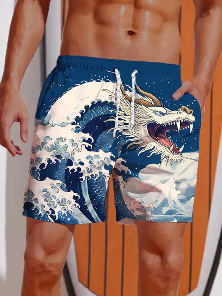 2024 Summer 3D Printed Ukiyo-E Fierce Dragon Printing Shorts Mens Board Shorts Swim Trunks Drawstring Breathable Short W250215