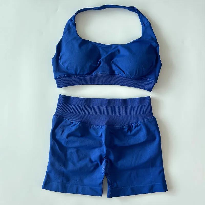 2pcs Impact Sports Set Seamless Yoga Halter Bra High Waist Workout Sets Scrunch Shorts Summer Fiess Clothes Gym Suits Outfit Active Wear Hot Sell