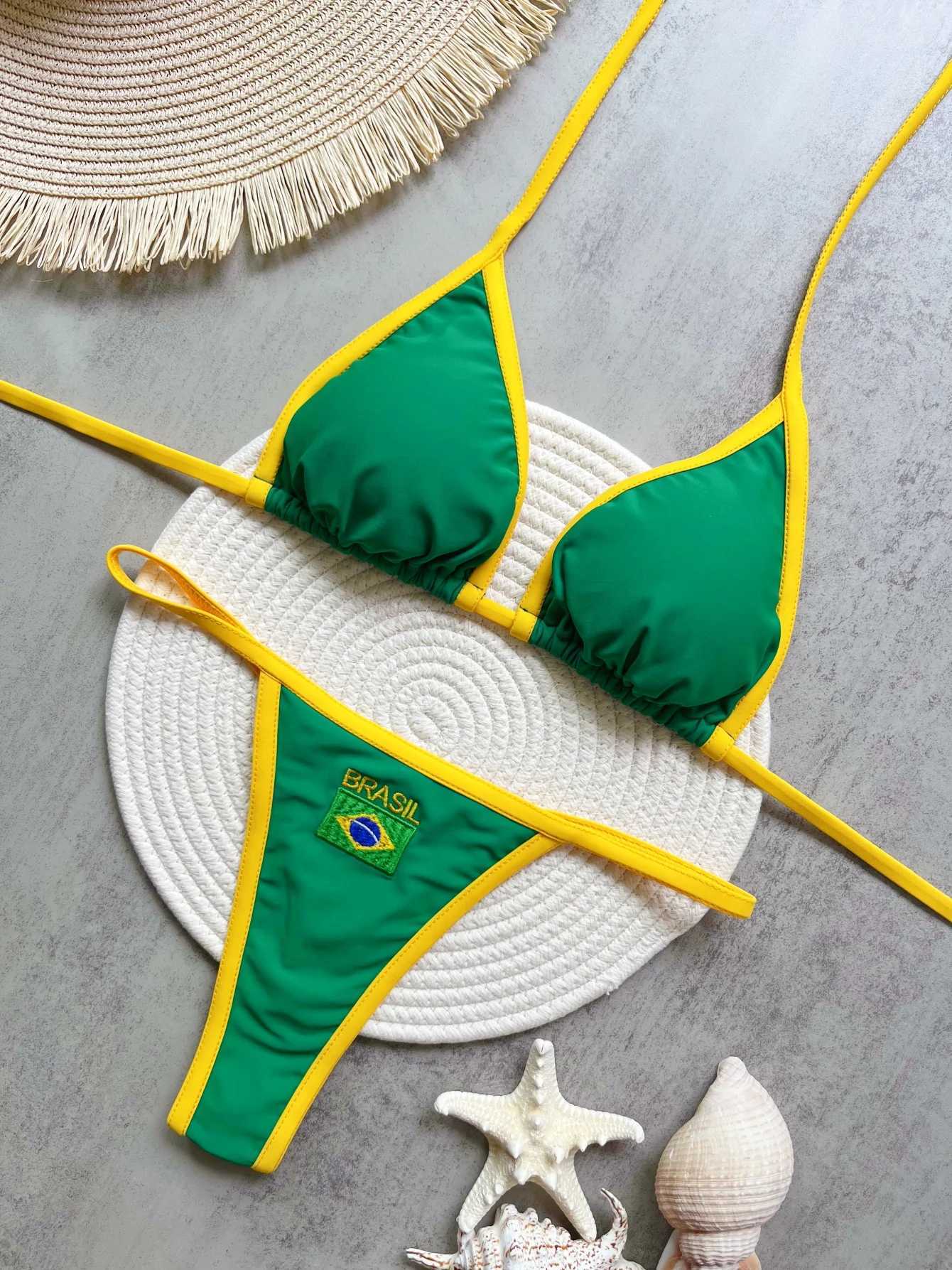 RUOTONSEPT Sexy Embroidery Brasil Flag Contrast Split Bikini Set Women Swimwear Patchwork Swimsuit Hottie Outfit SummerBeachwearT250214