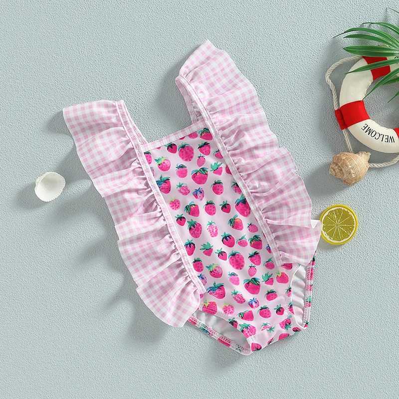 Sweet Swimsuit Toddler Baby Girls Cute Ice Bodysuit /Strberry Print Ruffles Sleeveless Swimwear Bathing SuitXJ250214