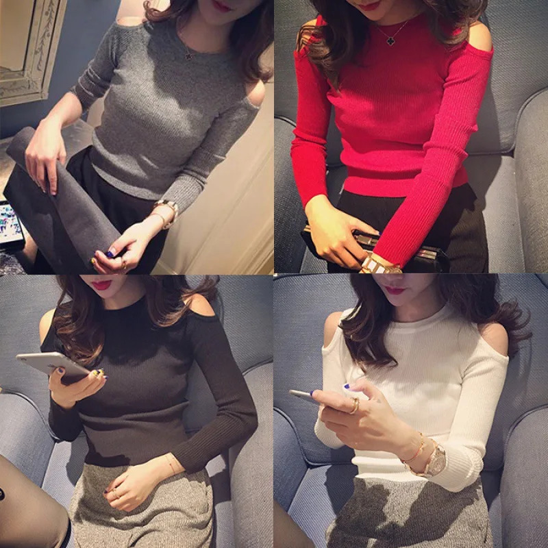 Autumn and Winter Womens Knitted Tight Pullover Sweater Shoulder Long Sleeve Top Casual Womens Wear 250210