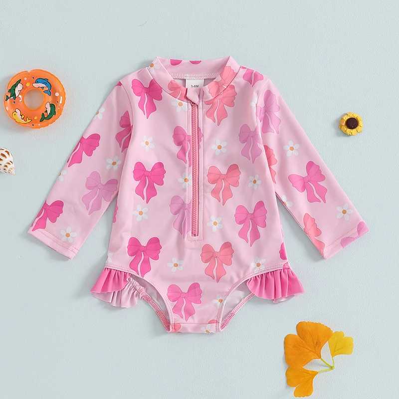 Toddler Girl Ruffle Swimsuit Long Sleeve Zipper Rash Guard Bathing Suit Cute Bow Pattern Swimwear RomperXJ250214