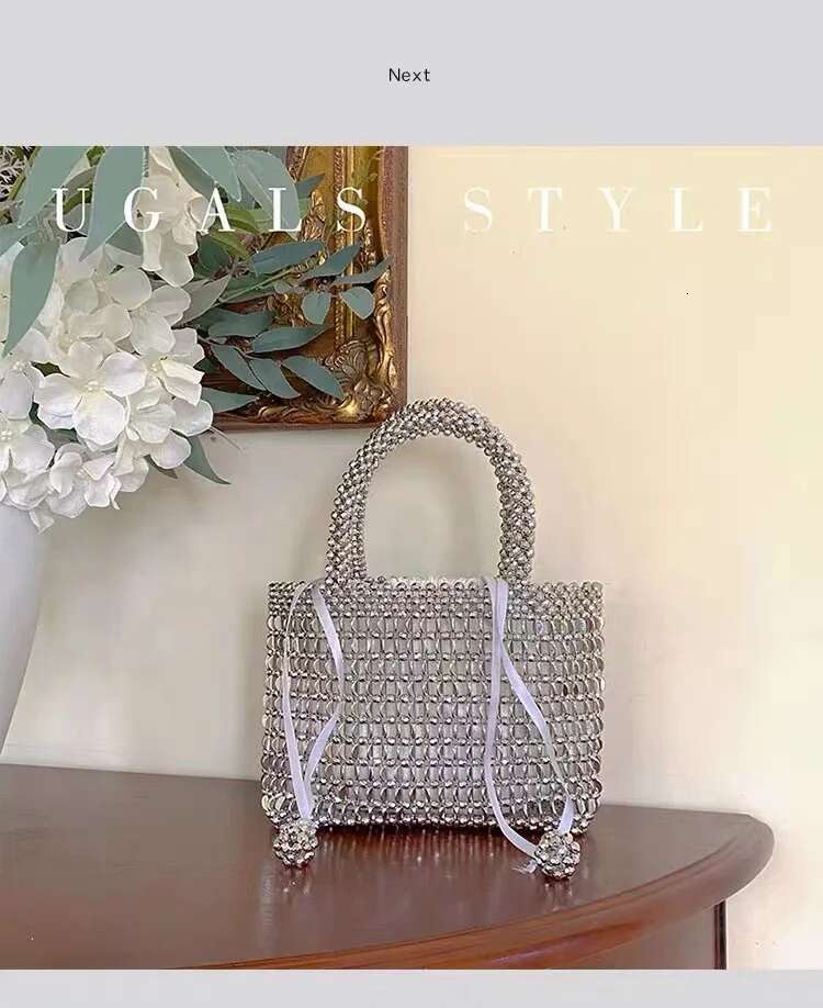 Metallic Shiny Beads Beading Bucket Large Capacity Fashion Women Handbag Woven Handmade Shoulder Lady Purse Casual Bag