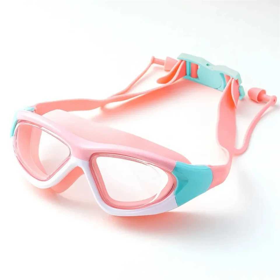 Childrens High-definition Waterproof And Anti Fog Swimming Large Frame Glasses Convenient Goggles Silicone Connected Earplugs Z250215