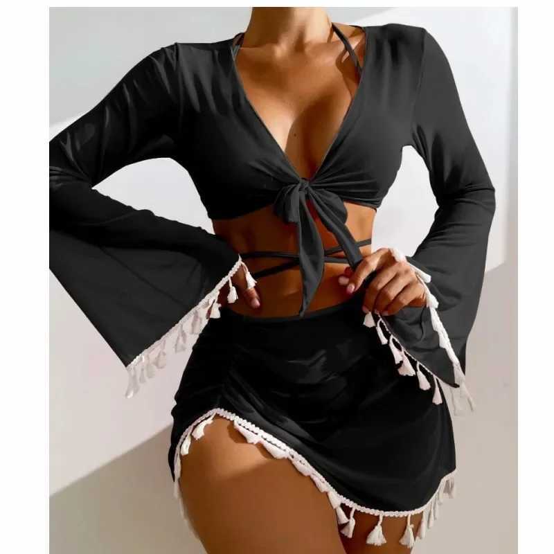 Swimming Suit Women Beach Wear Solid Beach Suit Tassel Cover Up Mesh Short Skirt Bikini Cute Swimming Pool Outfit Spring SummerW250214