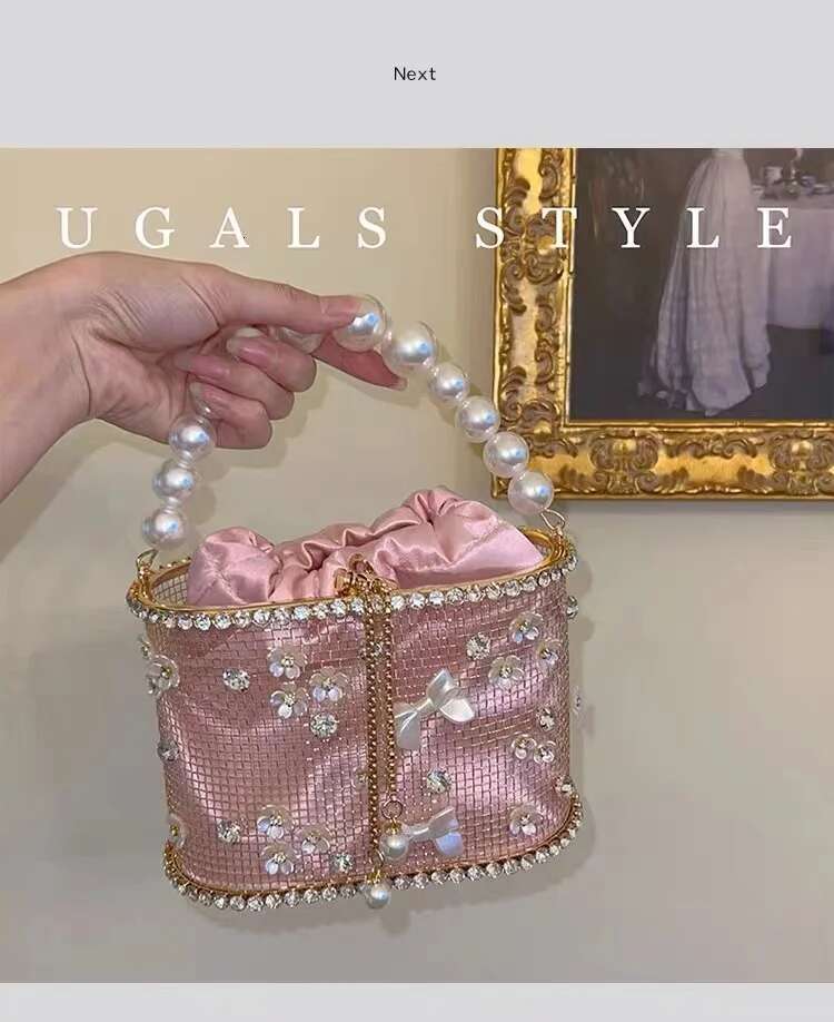 Pearl Beaded Women's Handbag Metal Cage Crystal Shiny Dias Evening Wedding Party Clutch Purse Shoulder Bag