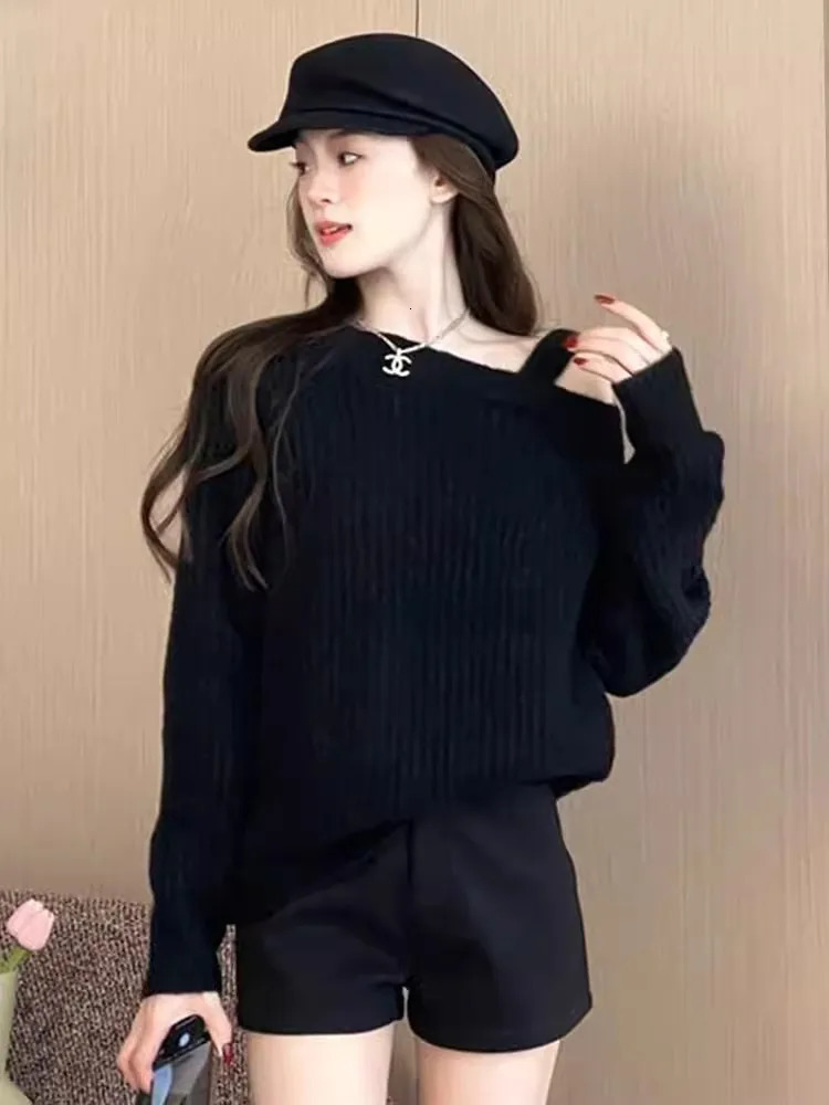 Off Shoulder Knitted Sweater Women Autumn Winter Solid Color Long Sleeve Fashion Casual Loose Pullover Tops Ladies Clothing 250210