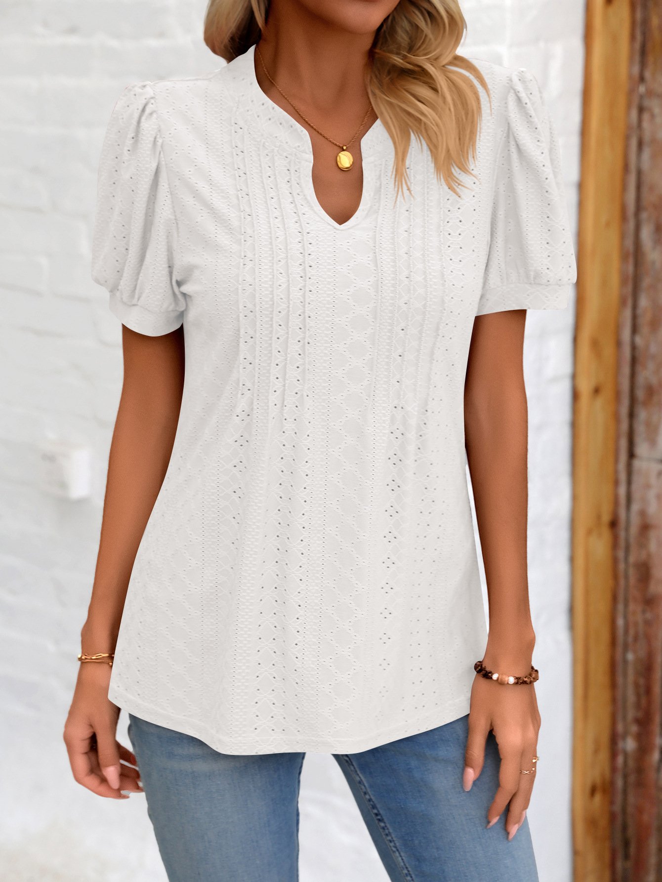 2024 Summer New Solid Color V-neck Striped Knitted Loose Short sleeved T-shirt Women's Top