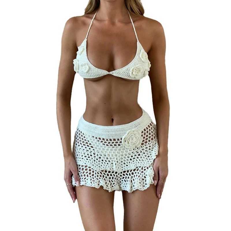 Summer Sexy Knit Cut Out Swimsuit Cover Up 2025 Women Knit Dp V-neck Bikini Tops Mesh Cover-Up Skirt Sexy Vacation Outfit X250214