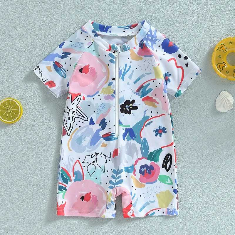 Infant Baby Girls Boys Rash Guard Swimsuit Playsuits Watercolour Print Zipper Short Sleeve Sun Protection Bathing Suit 0-3TXJ250214