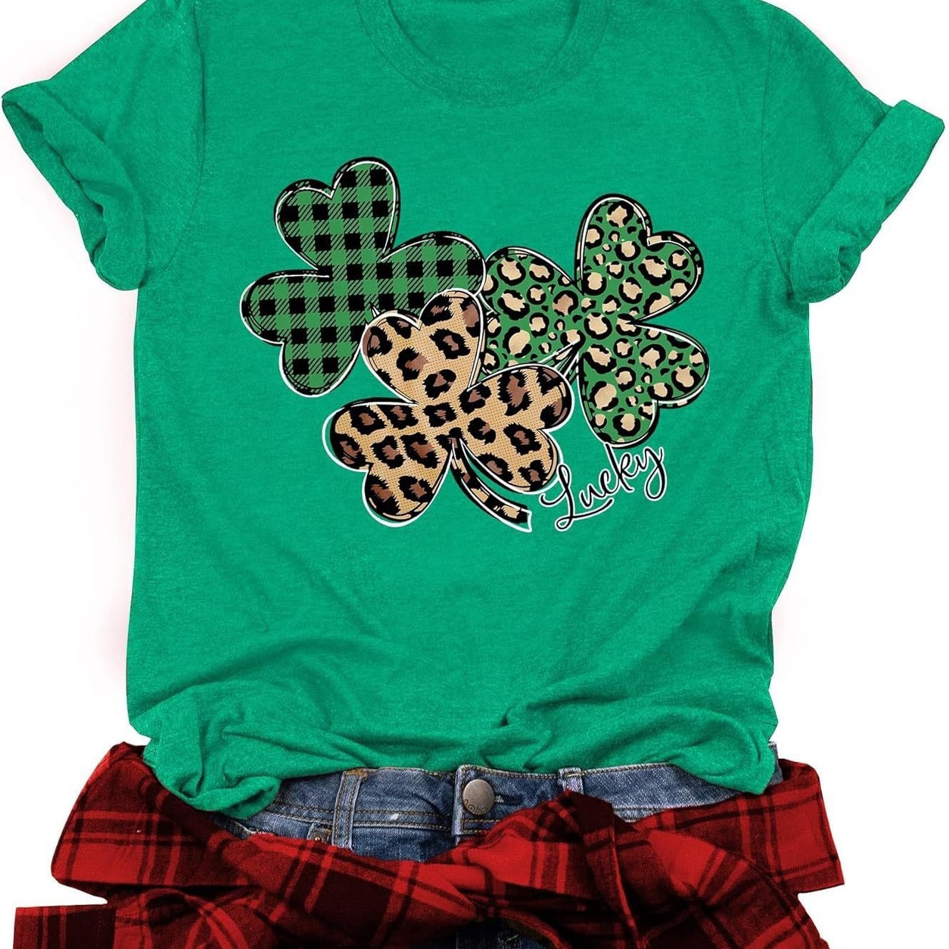 Designer Fashion Trendy St. Patrick Day Women T-shirt Blessings Lucky Irish Clover Green Short Sleeve