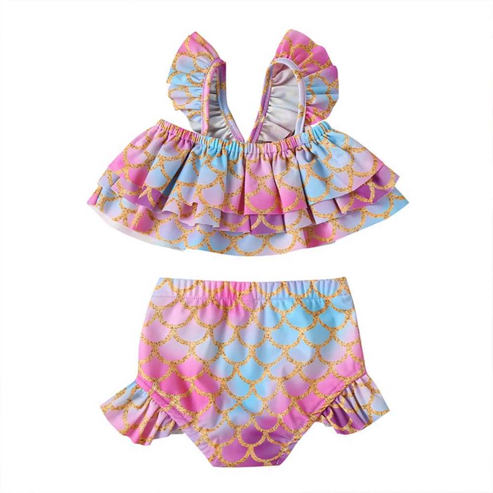 Summer Kids Girl Fish Scale Print Bikinis Sets Ruffles Crop Tops+Shorts 2Pcs Fashion Children Girl Swimwear Bathing SuitsXJ250214