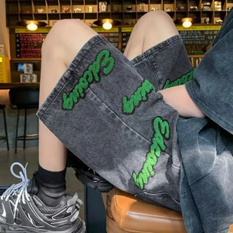 Mens Denim Shorts Embroidered Jeans Shorts Men Summer American Style High Street Water Wash Five-point Pants Y2K Clothes 250210