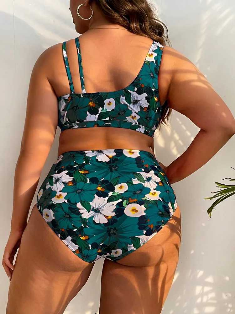 2023 Plus Large Size Ruffle Bikini Floral Swimwear Women Trim Tie Front Swimsuit Female High Waist Swimming Bathing SwimsuitW250214