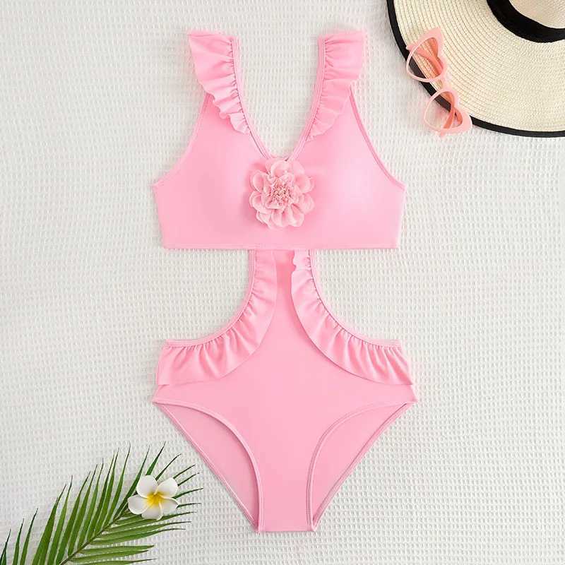 Pink Girls One Piece Swimsuit for Kids Childrens Swimwear 8-12 Years Teenage Beach Wear Cut Out Bathing Suit Flower BodysuitXJ250214