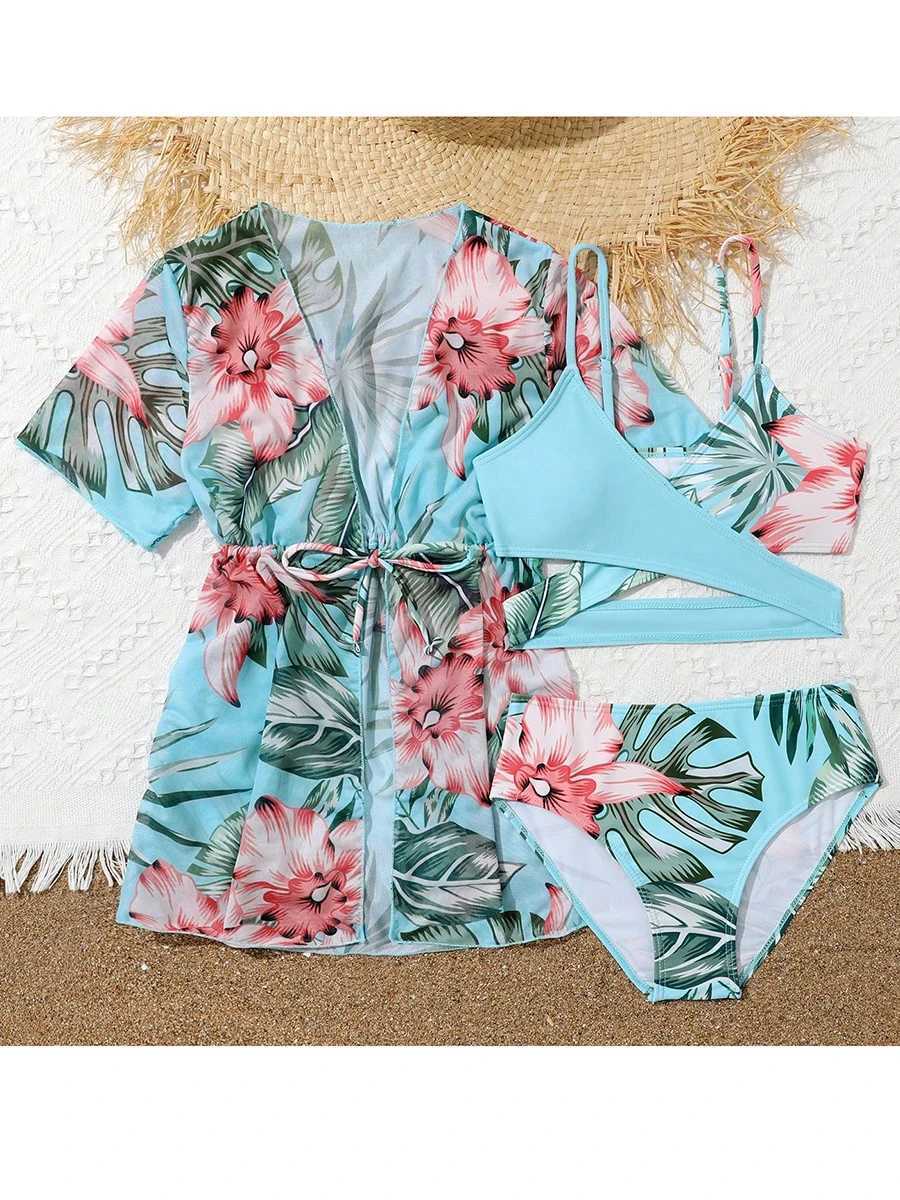 3 Pieces Bikini 2024 Girls Swimsuit Short Sleeve Kids Swimwear Female Childrens Bathers Bathing Swimming Swim Suit BeachwearXJ250214