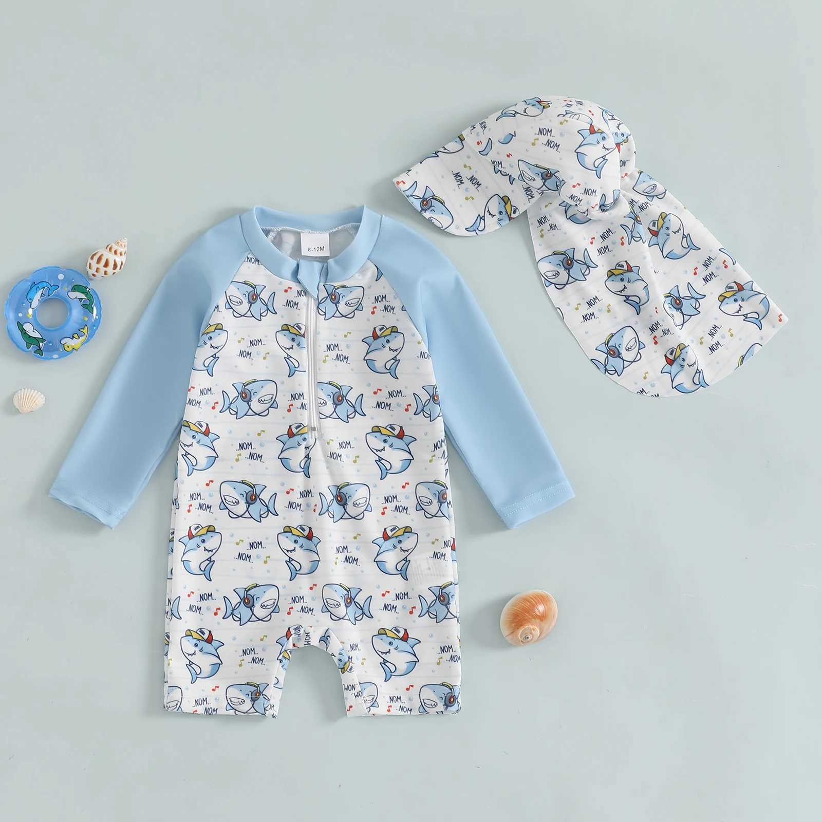 MISOWMNJOY Summer Baby Long Sleeve Swimwear Fashion Toddler Boys Rash Guard Swimsuit Dinosaur Print Zip Beachwar with Swim CapXJ250214