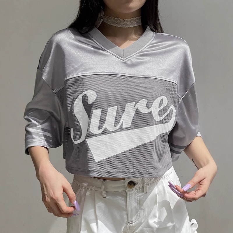 Designer Fashion Trend 2025 Best-selling Letter Printed Pullover With Mesh Patchwork Five Quarter Sleeve T-shirt V-neck Women's Sports Top