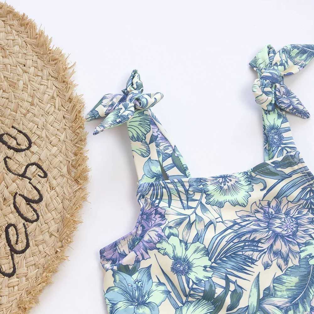Large Girls Tropical Print One-piece Swimsuit Girls Bow Strap Swimwear Kids Beach Bathing Suits Children Printing Swim BodysuitXJ250214