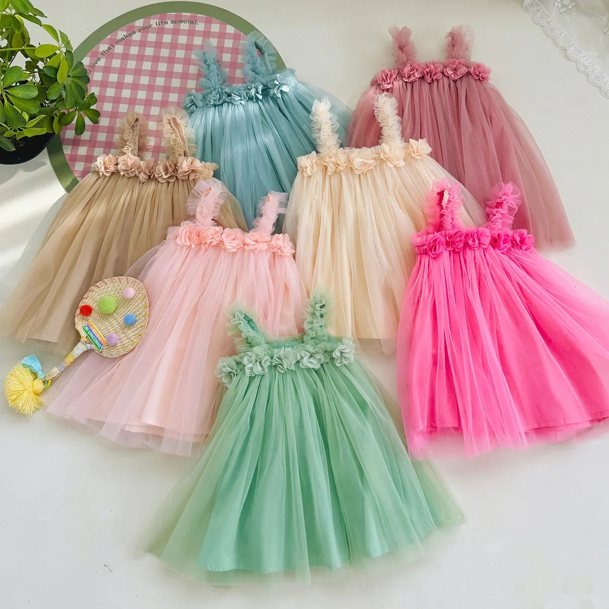 Summer Kids Baby Girl Tulle Mesh Dress Flower Sling Sweet Children Solid Color Dresses for Girls Sundress Toddler Princess Dress 250213