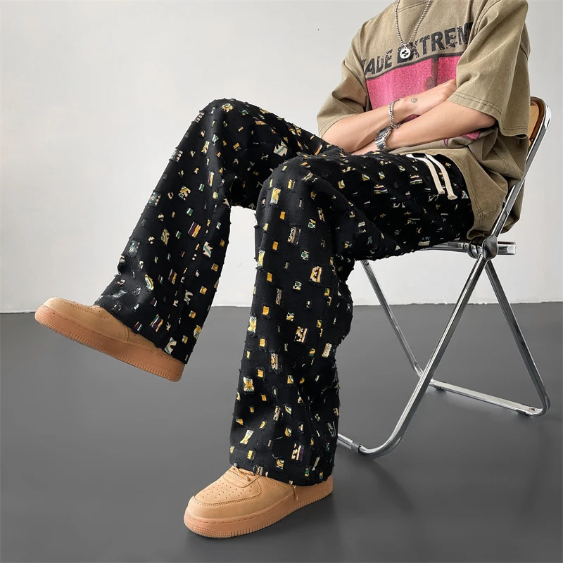 Cotton Casual Pants Men Fashion Retro Colored Plaid Pants Men Streetwear Hip-hop Loose Hollow Out Pants Mens Hole Trousers M-3XL 250214