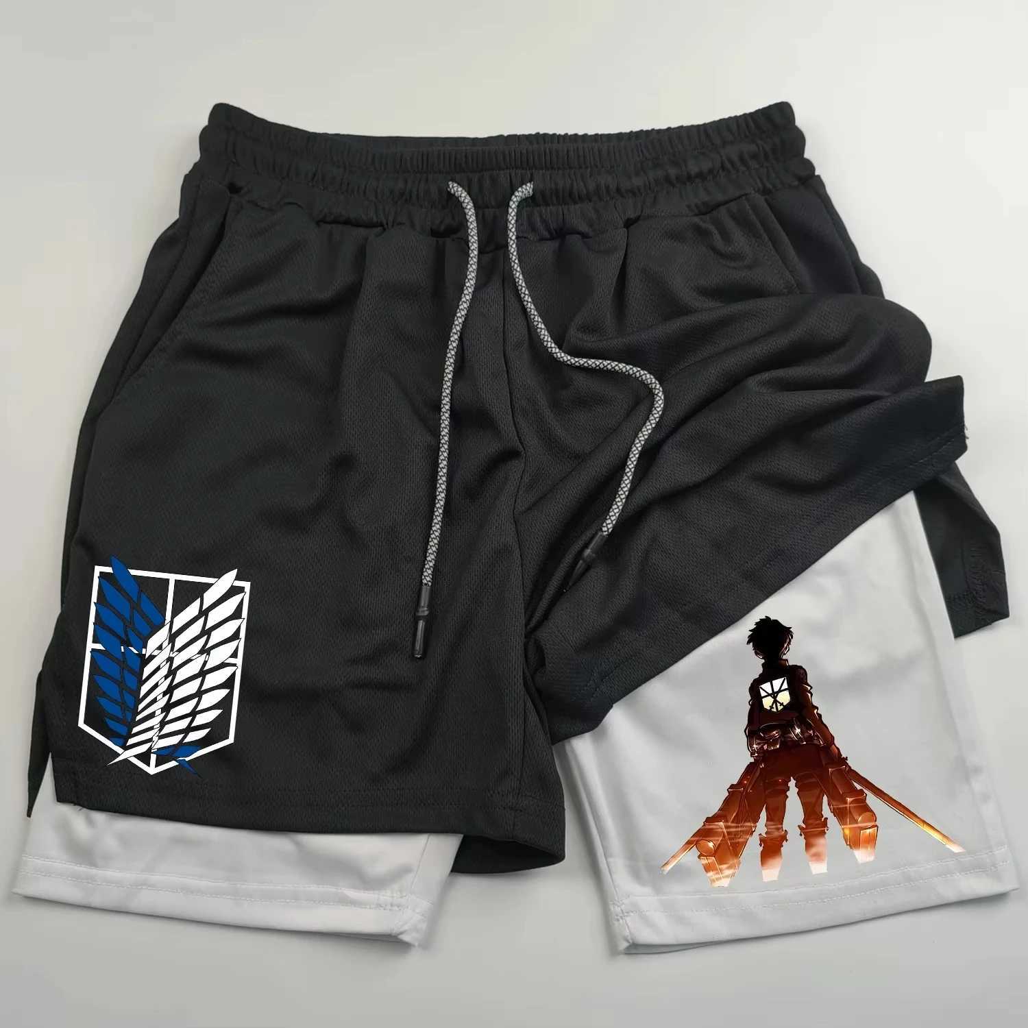 2-in-sports shorts anime Attack on Titan mens shorts quick drying breathable sports fitness shorts outdoor running gym short W250215