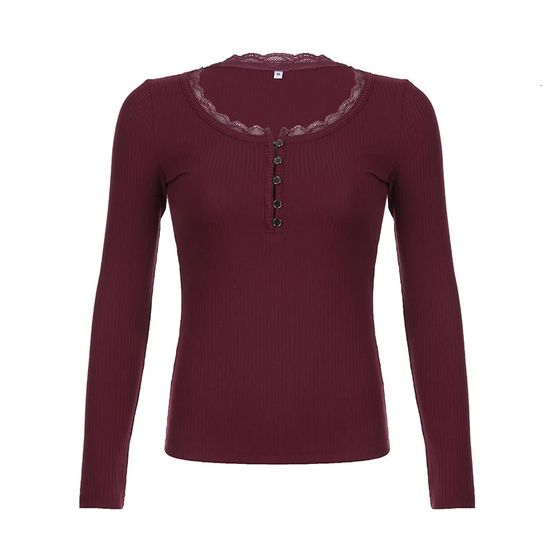 Darlingaga Y2K Lace Patched Slim Women Tshirts Buttons Basic Korean Fashion Sweats Pullover Top Harajuku Chic Tee Long Sleeve 250211