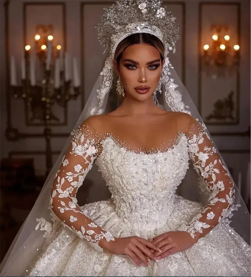 A-Line Wedding Dresses Long Sleeves Sequins Beads Sheer Neck Appliques Glitter Bride Gowns Vestido de Noiva