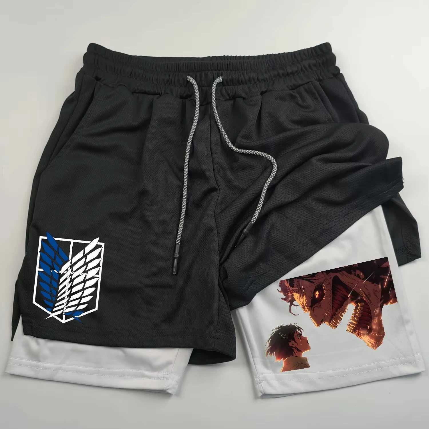 2-in-sports shorts anime Attack on Titan mens shorts quick drying breathable sports fitness shorts outdoor running gym short W250215