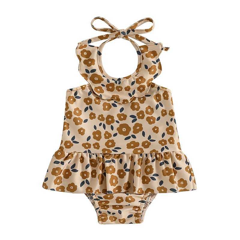 0-3T Toddler Girl Halter Neck Swimsuit Floral Print Romper Dress Bathing Suit Ruffled BeachwearXJ250214