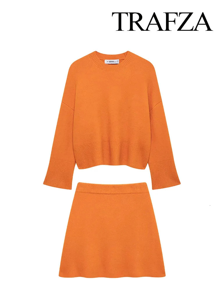 TRAFZA Women Fashion Skirt Suits Orange ONeck Long Sleeves PulloverElastic Waist Mini Skirts Female Spring Casual Knitting Set 250214