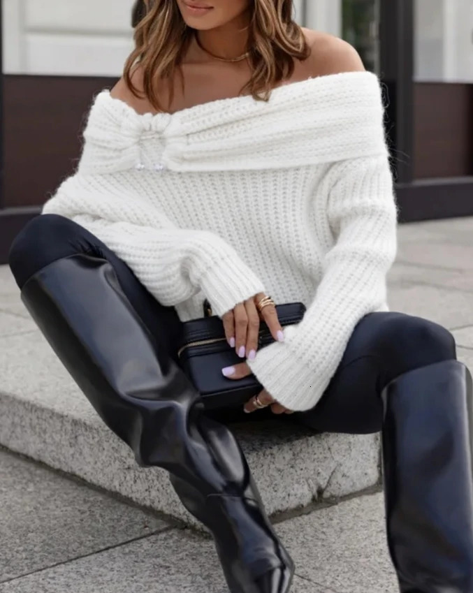 Fashion sweaters woman yarn chompas for women Off Shoulder Ruched Over Sized Knit Sexy Sweater womens jumper 250210