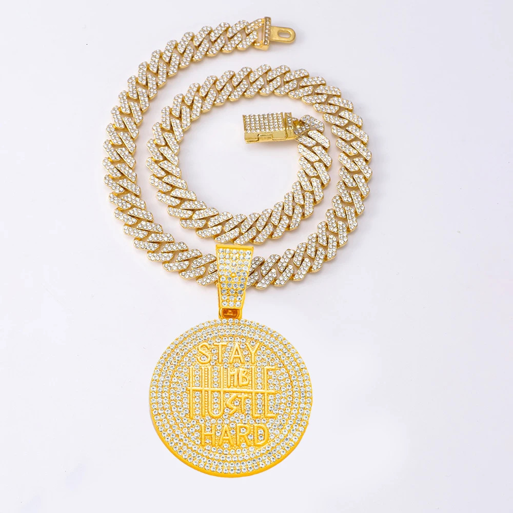 STAY HARD Round Pendent Necklace with Iced Cuban Link Chain Rapper Gift for Men Women 250214