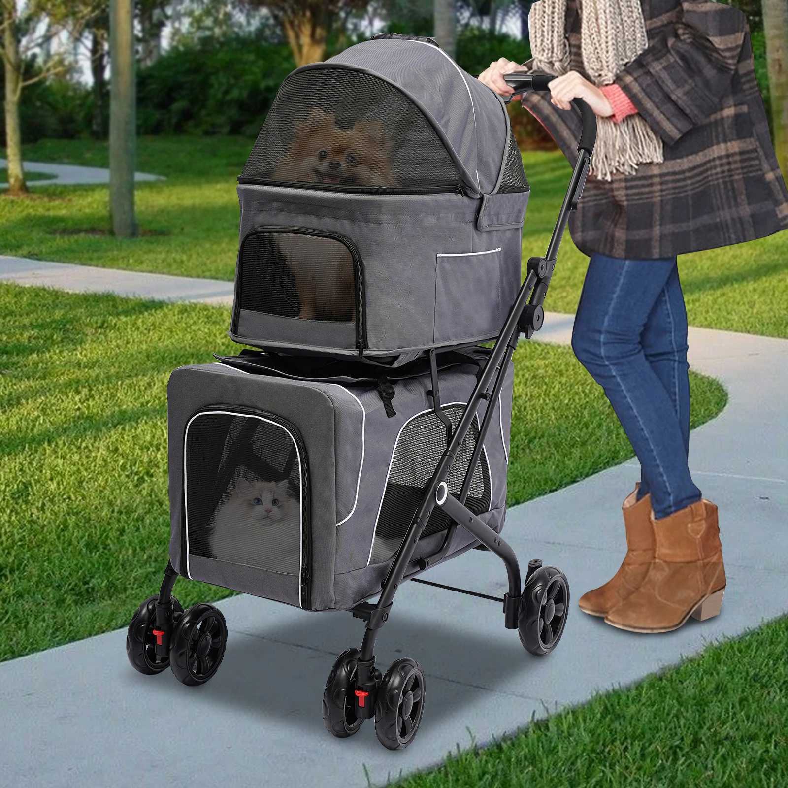 Others Dog Carrier Foldable Cat Dog Stroller Double Detachable Carrier Easy Assembly Pet Travel Carrier W/Shock Absorption Folding Lock Switch H250213