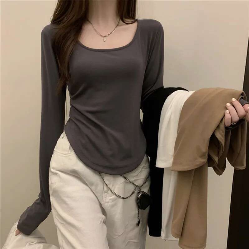 Square Neck Long Sleeve T-Shirt Women Spring Autumn Irregular Hem Slim Casual Top Winter Solid Bottom Shirts New Korean