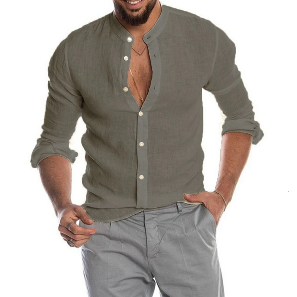 Cotton Linen Mens Long-Sleeved Shirts Summer Solid Color Stand-Up Collar Casual Beach Style Plus Size 250210