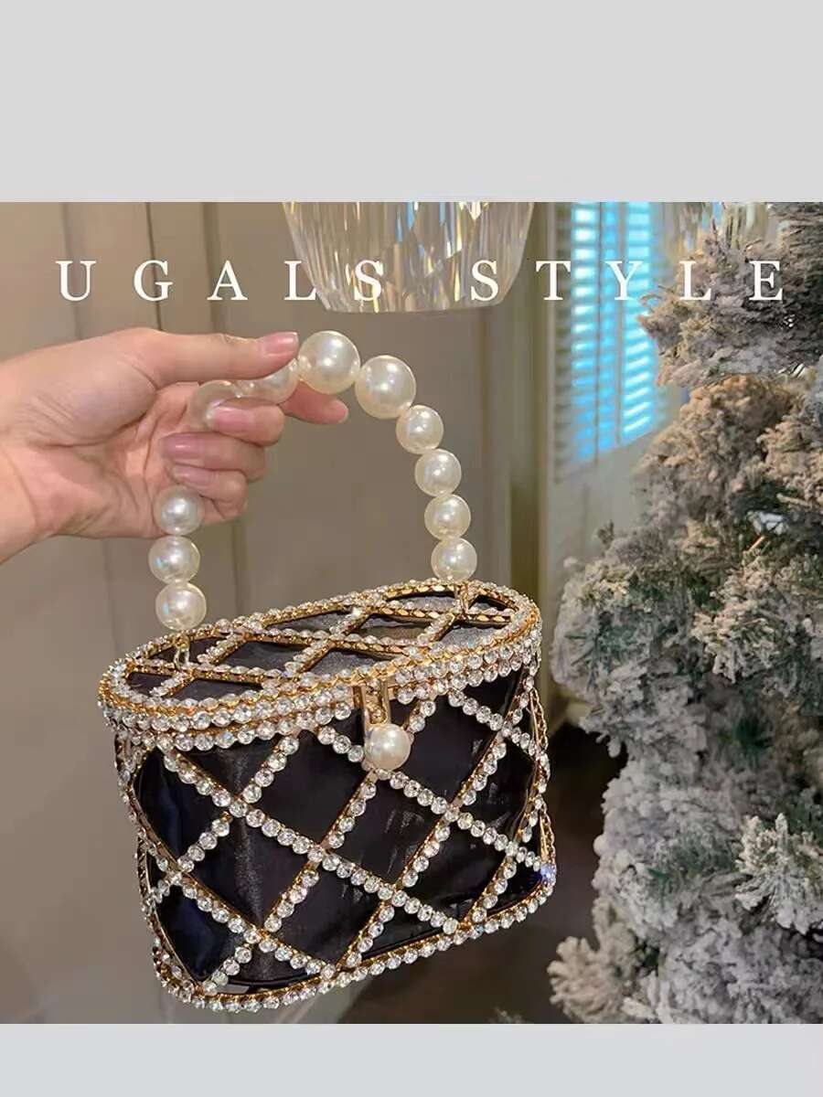 Metal Cage Crystal Dias Evening Hollow Out Pearl Beaded Women's Handbag Wedding Party Clutch Purse Crossbody Bag