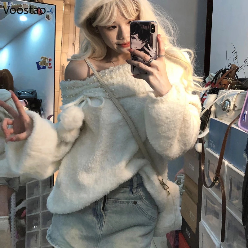 Harajuku Knitted Sweaters Autumn Winter Y2k Off Shoulder Long Sleeves Pearl Plush Ball Sweet Pullovers Women Casual Knitwear Top 250210