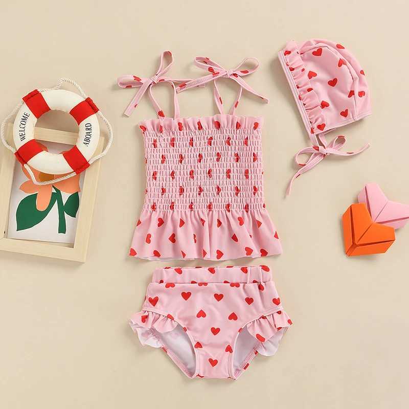 3Pcs Baby Girls Swimwear Bikini Set Heart Print Frilly Tank Tops+Shorts+Hat Swimsuit Bathing Suit for Toddlers Infants 0-24MXJ250214