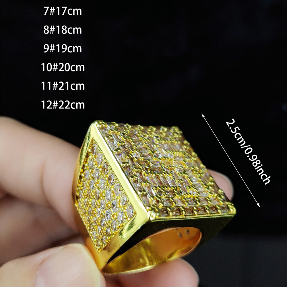 Hip Hop Cool Men Big Square Casting Ring TopBling T Zircon 18K Real Gold Plated Finger Ring