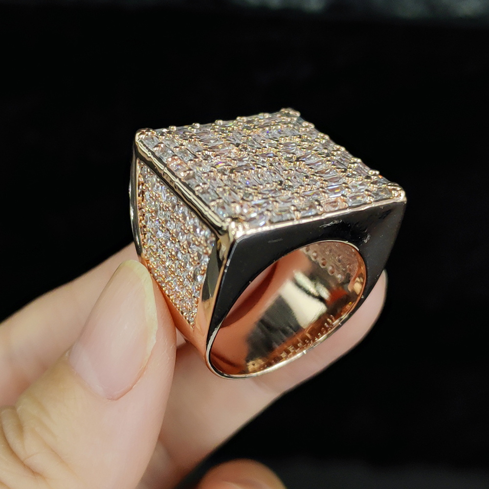 Hip Hop Cool Men Big Square Casting Ring TopBling T Zircon 18K Real Gold Plated Finger Ring
