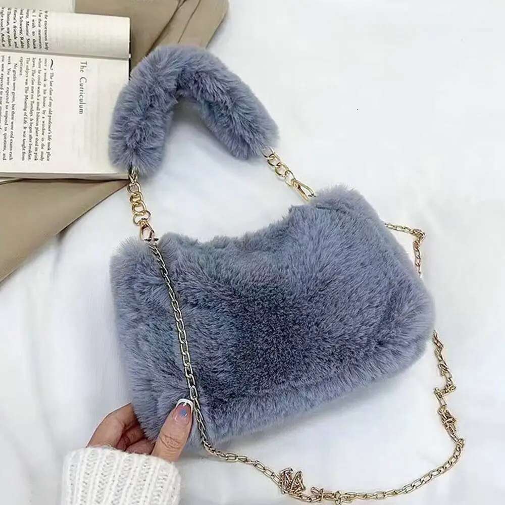 Fashion Women Fluffy Shoulder Bags Female Winter Chain Underarm Solid Color Handbag Soft Plush Handle Bag