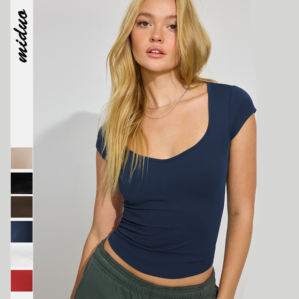 Designer's Fashionable And Versatile New Women's Solid Color Interior With Large U-neck Knitted Short Sleeved Slim Fit T-shirt Suitable For 