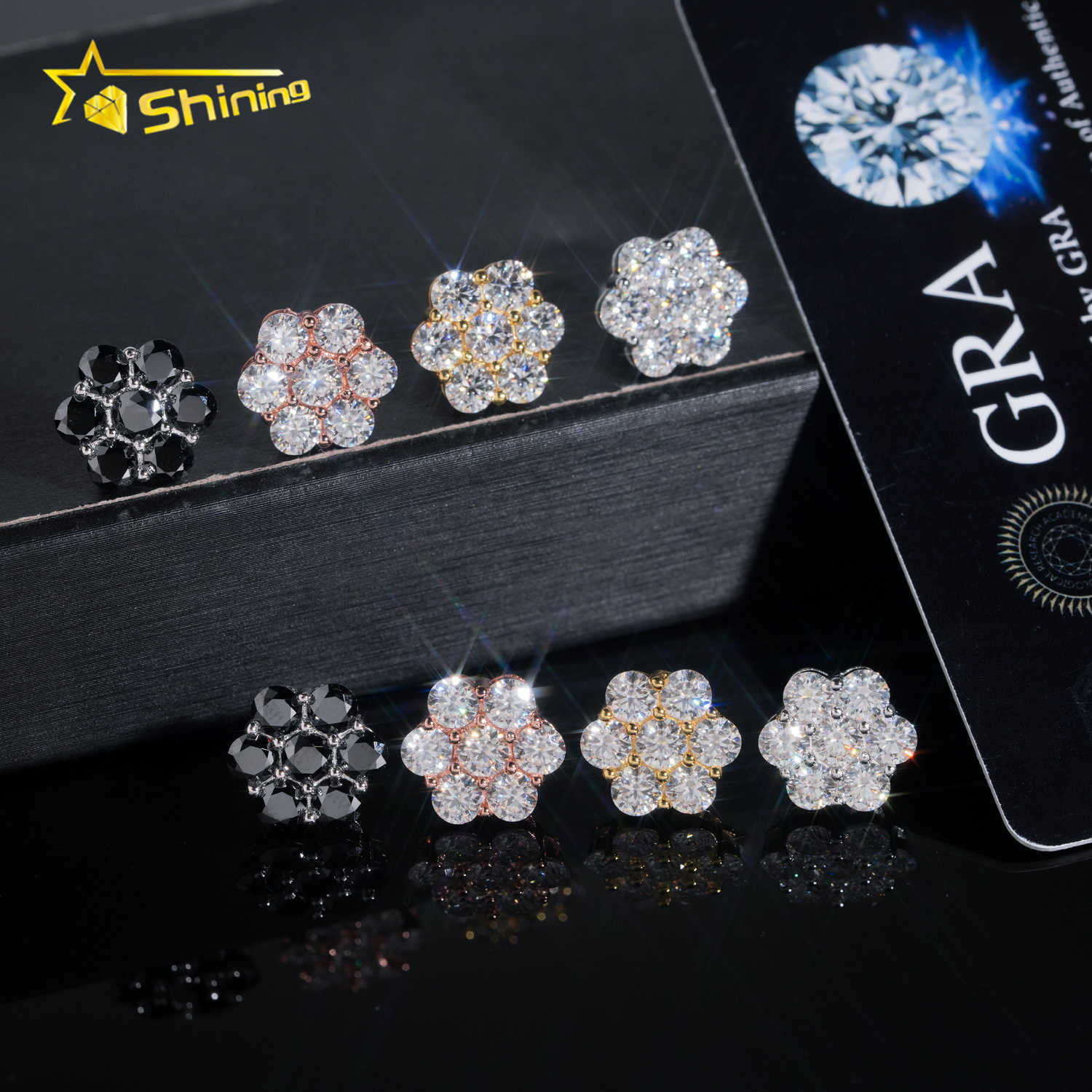 Hot Sale Trendy 12mm Cluster Flower Screw Back Stud Earrings 925 Silver Gold Plated Black Moissanite Pass Diamond Tester Earring