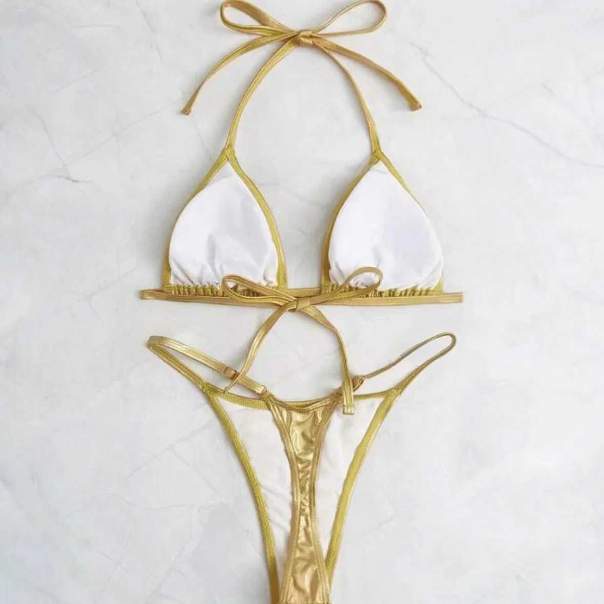 sexy metallic gold glitter halter bikini sets two pieces 2024 women thong bandage swimsuit female bathing suit swimwear biquini X2502141