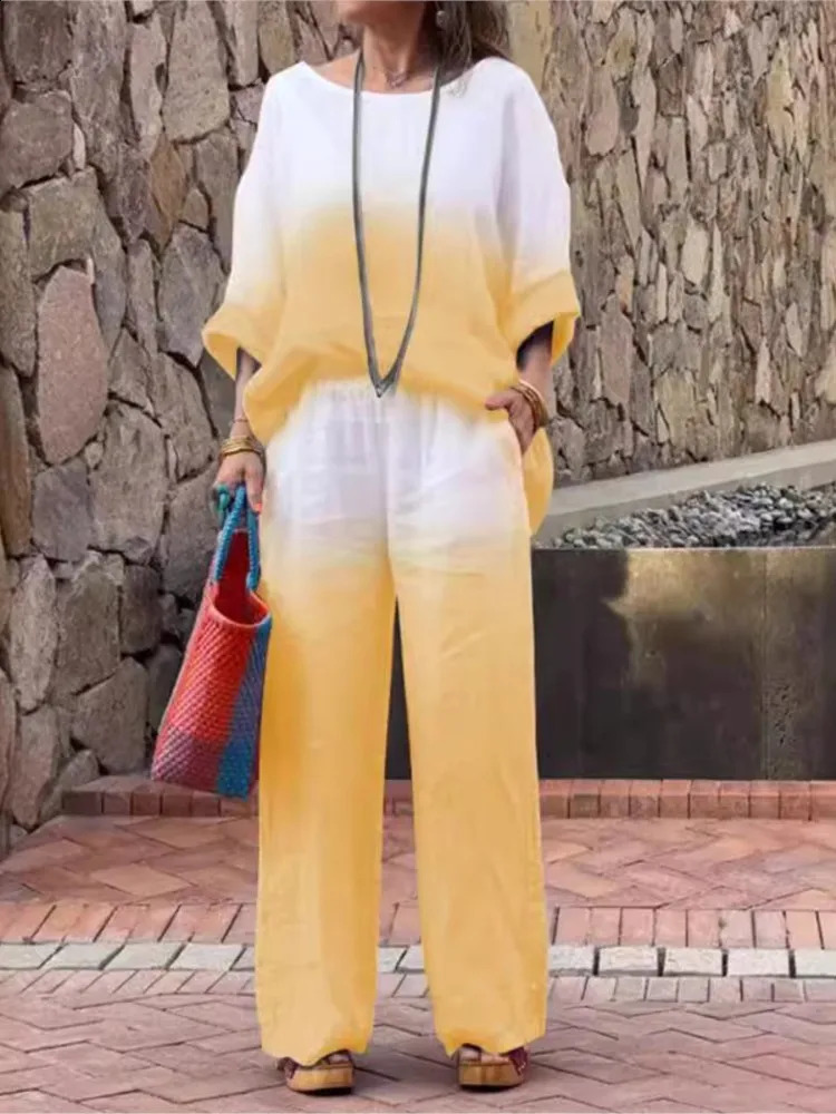 Cotton and Linen Two-Piece Set for Women Gradient Print Loose Casual Suits Long Sleeve Blouses and Pants Female Outfits Spr 250210