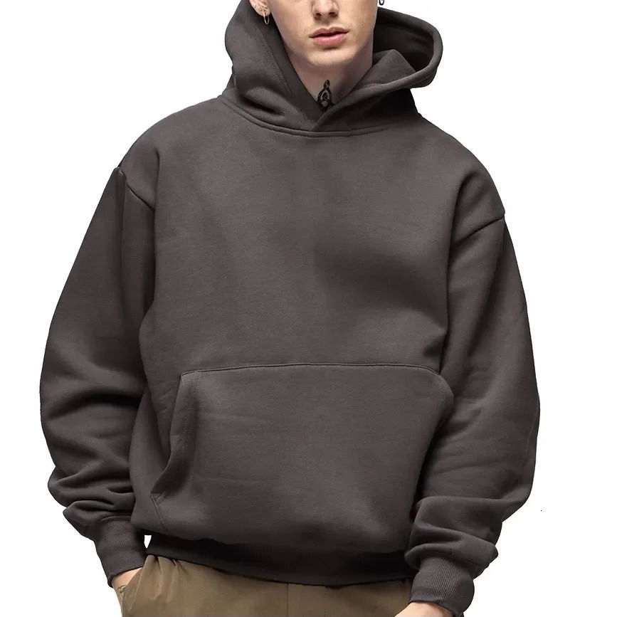 500GSM Heavy Weight Fashion Mens Hoodies Autumn Winter Casual Thick Cotton Top Solid Color Sweatshirt Male 250214
